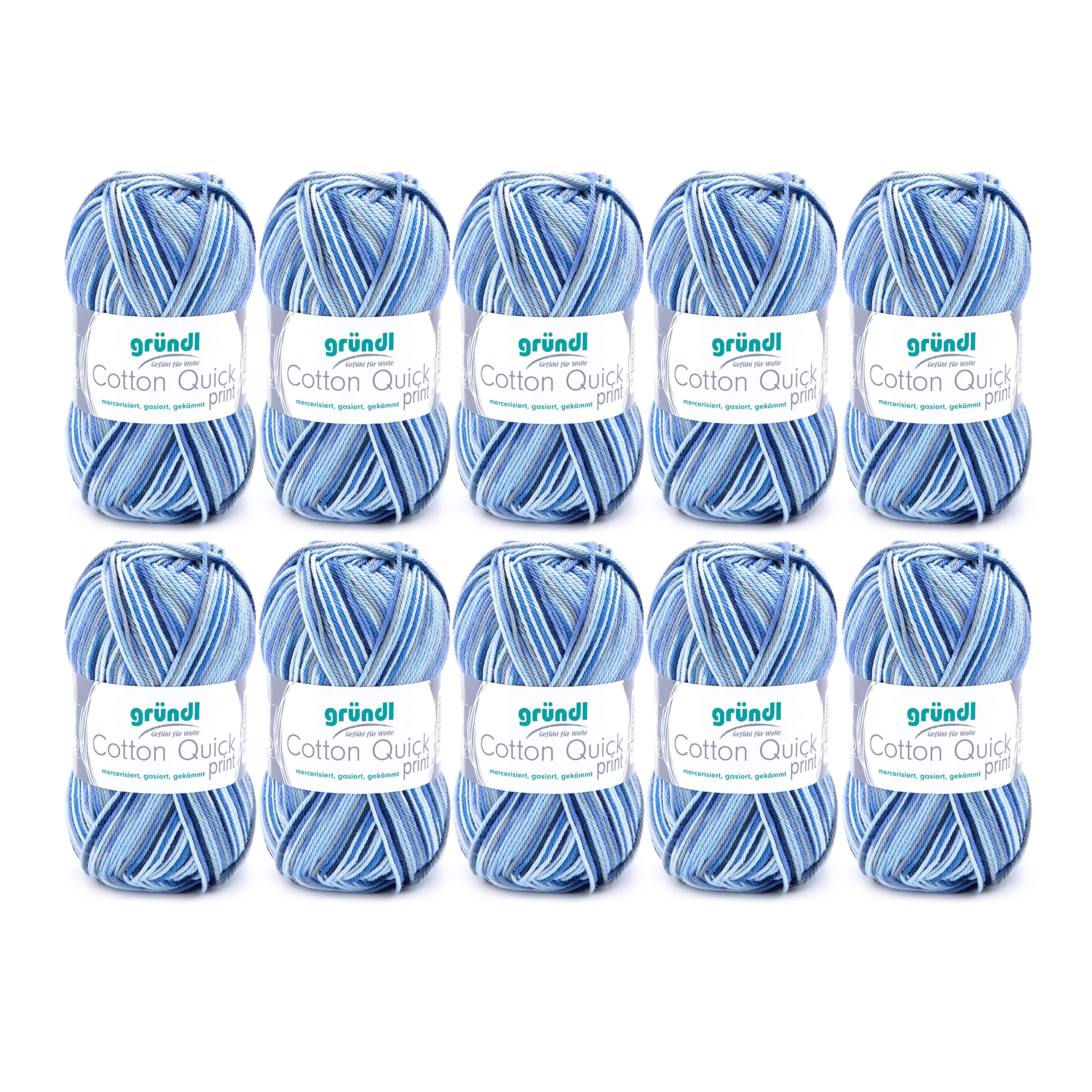 Gründl Cotton Quick Print Knitting Yarn/Crochet Yarn (Colourful Yarn Made of 100% Cotton, Oeko-Tex Certified, 50 g / 125 m, Needle Size: 3-4, 10 x 50 g), Blue/Navy/Grey Mix Colour