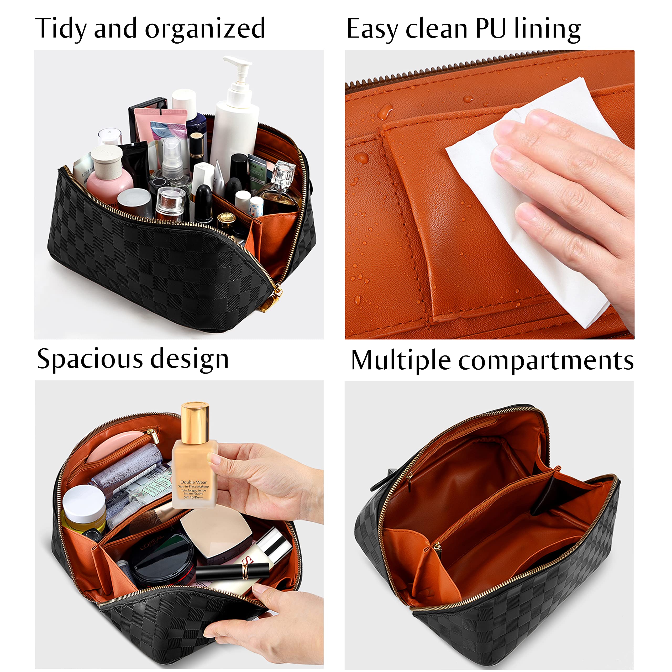 ALEXTINA Large Capacity Travel Cosmetic Bag - Portable Makeup Bags for Women Waterproof PU Leather Checkered Makeup Organizer Bag with Dividers and Handle,Toiletry Bag for Cosmetics