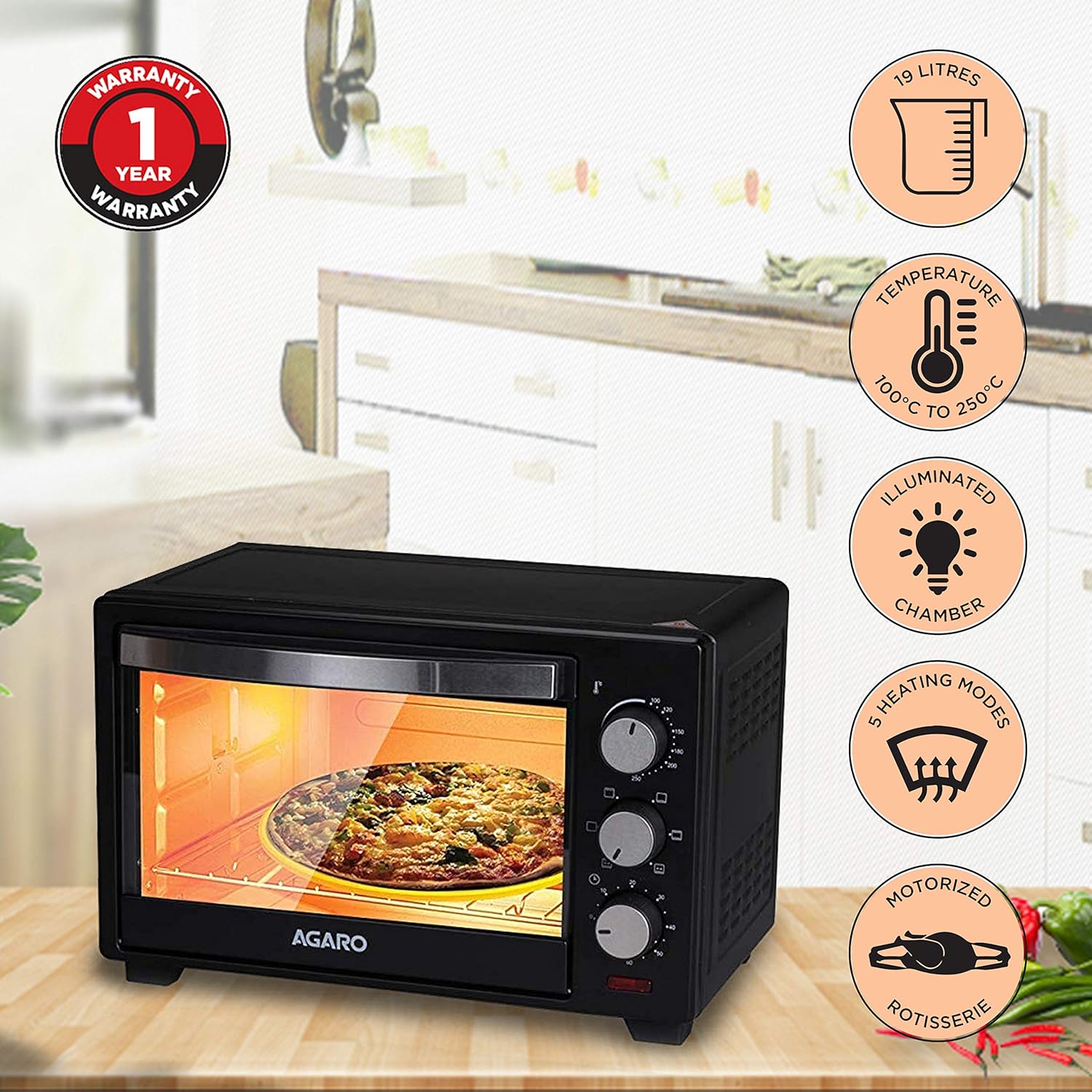Black 19Litre Oven Toaster Grill with 5 Heating Modes AGARO Best