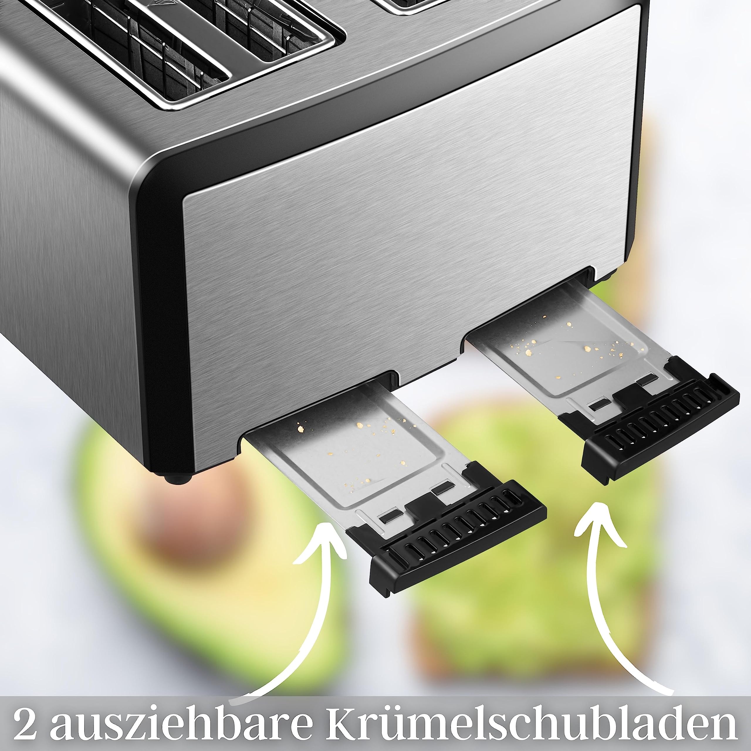 XXL Toaster 4 Toastschlitze | Toastautomat | 1600 Watt | 6-Stufen Bräuneregler | 2x Brötchenaufsatz | Auftau-Funktion | 2x Krümelschubladen | Edelstahl | 4-Fach | LED Displays 7