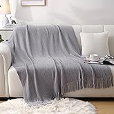 FULFCLVR Chenille Throw Blanket for Couch, Soft Cozy Knitted Boho Blanket for Bed, Lightweight Spring Fall Throw with Tassel, 50x60, Light Grey.