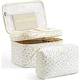 HBselect 2Pcs Travel Makeup Bag, Large Cotton Quilted Makeup Bag Cosmetic Bag Cute Make up Bag Toiletry Bags for Women Girls