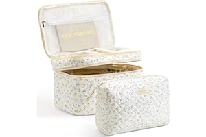 HBselect 2 Pack Floral Cotton Makeup Bag, Double Layer Quilted Makeup Bag Kawaii Coquette Aesthetic Travel Toiletry Bags for 