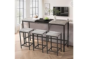 NTYUNRR Bar Table and Chairs Set, 60.24” Long Pub Table with 3 Stools, High Top Table Kitchen Dining Desk, 4-Piece Breakfast Desk Set for Living Room Apartment Small Space (Grey+Black-1)