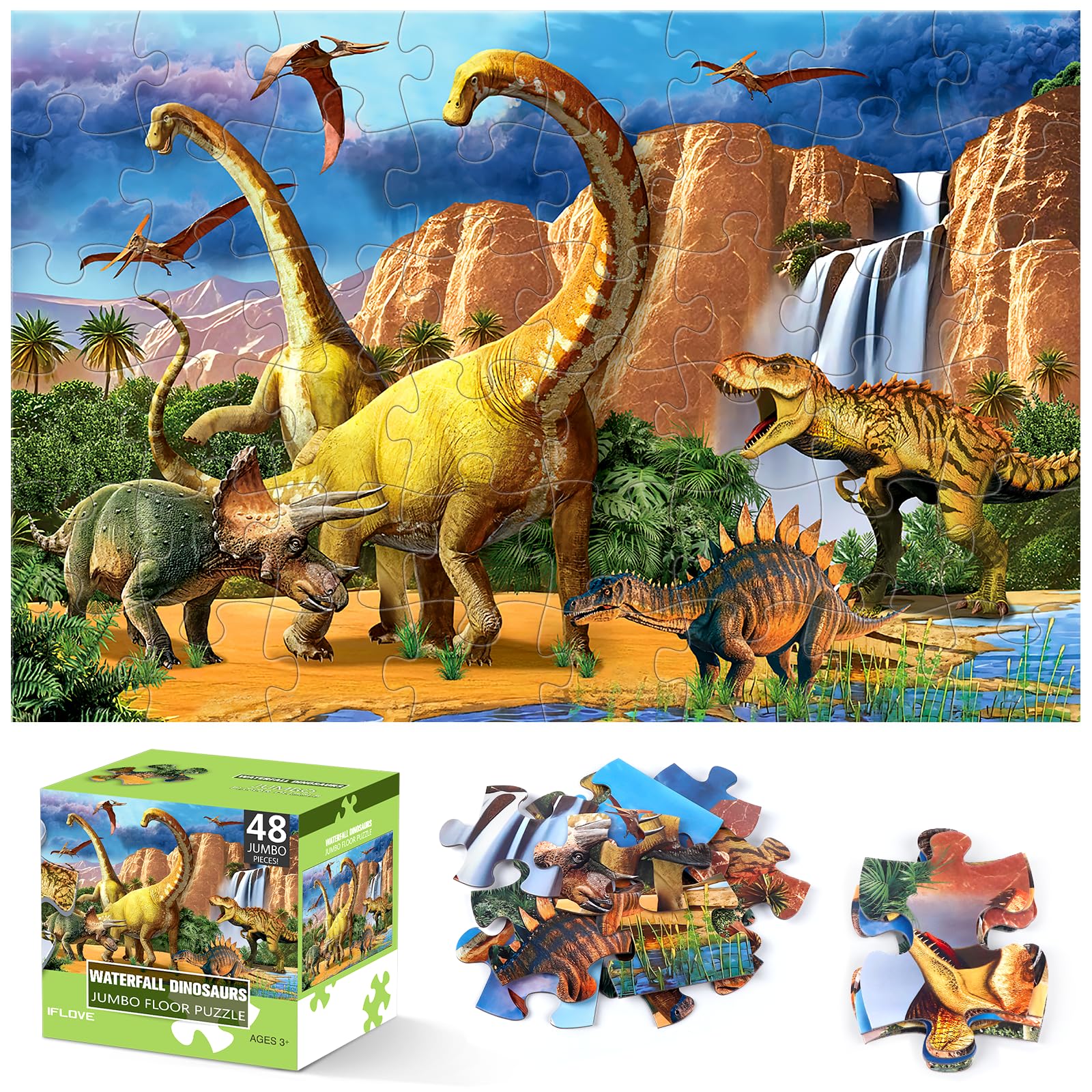 View 1 of **USED/INCOMPLETE** Jumbo Floor Puzzle for Kids,48 Piece Waterfall Dinosaur Large Jigsaw Puzzles, Fun Preschool Educational Toy for Toddlers Ages 3-5,Gift for Boy Girl Ages 4-8