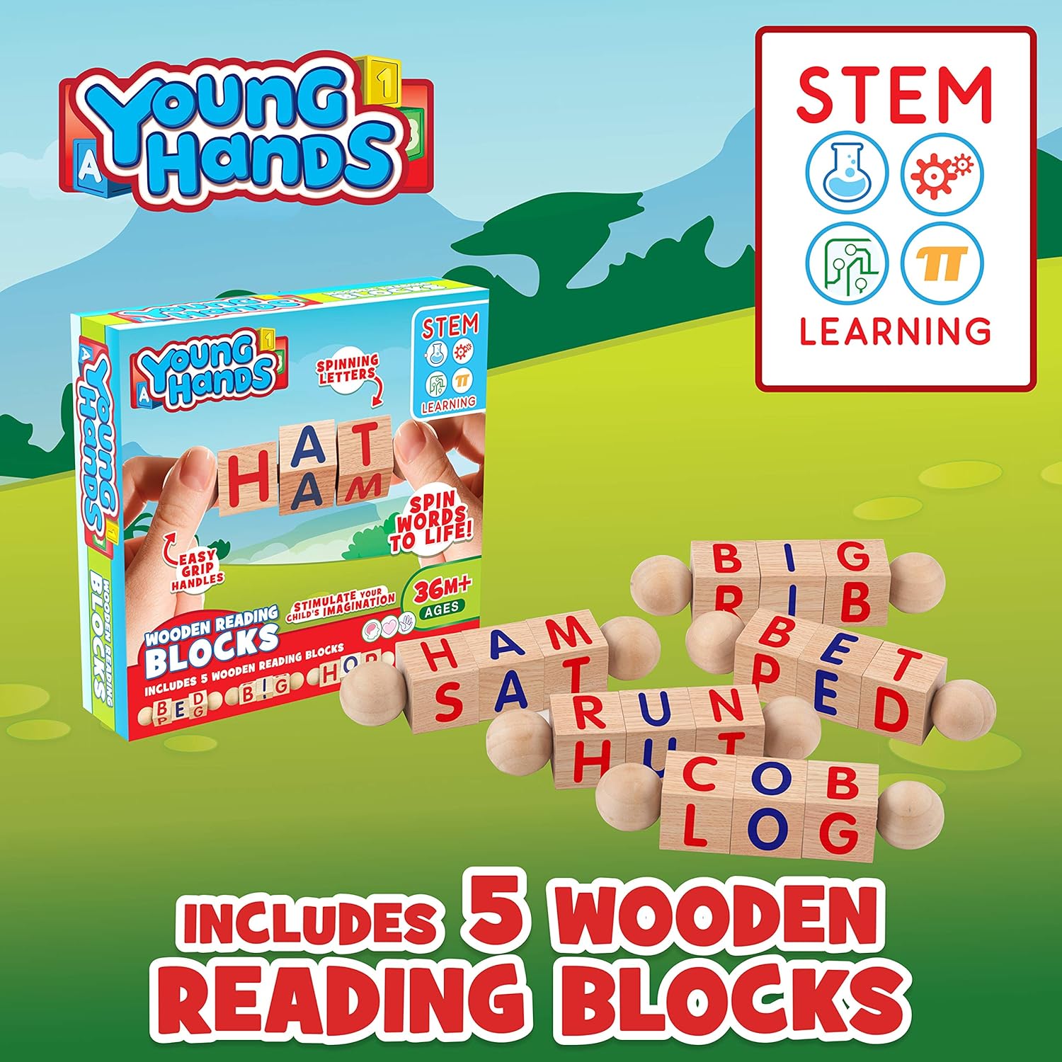 Wooden Reading Blocks | [5] Sets of Fun, Educational Spinning Alphabet Manipulative Blocks for Children w/ Easy-Grip Handles | STEM & Montessori Approved Toy for Pre-Kindergarten Boys & Girls Gift: Kitchen & Dining