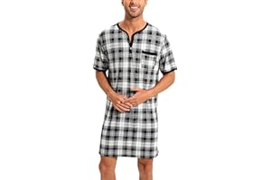Yukiuiny Men Summer Short Sleeve Henley Nightshirt Knee Length Sleepwear with Chest Pocket