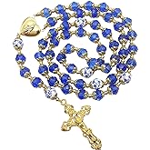 Nazareth Store Catholic Blue Crystal Beads Gold Rosary Flowers Beaded Necklace Miraculous Heart Locket Medal & Cross Religious Women Men Amulet