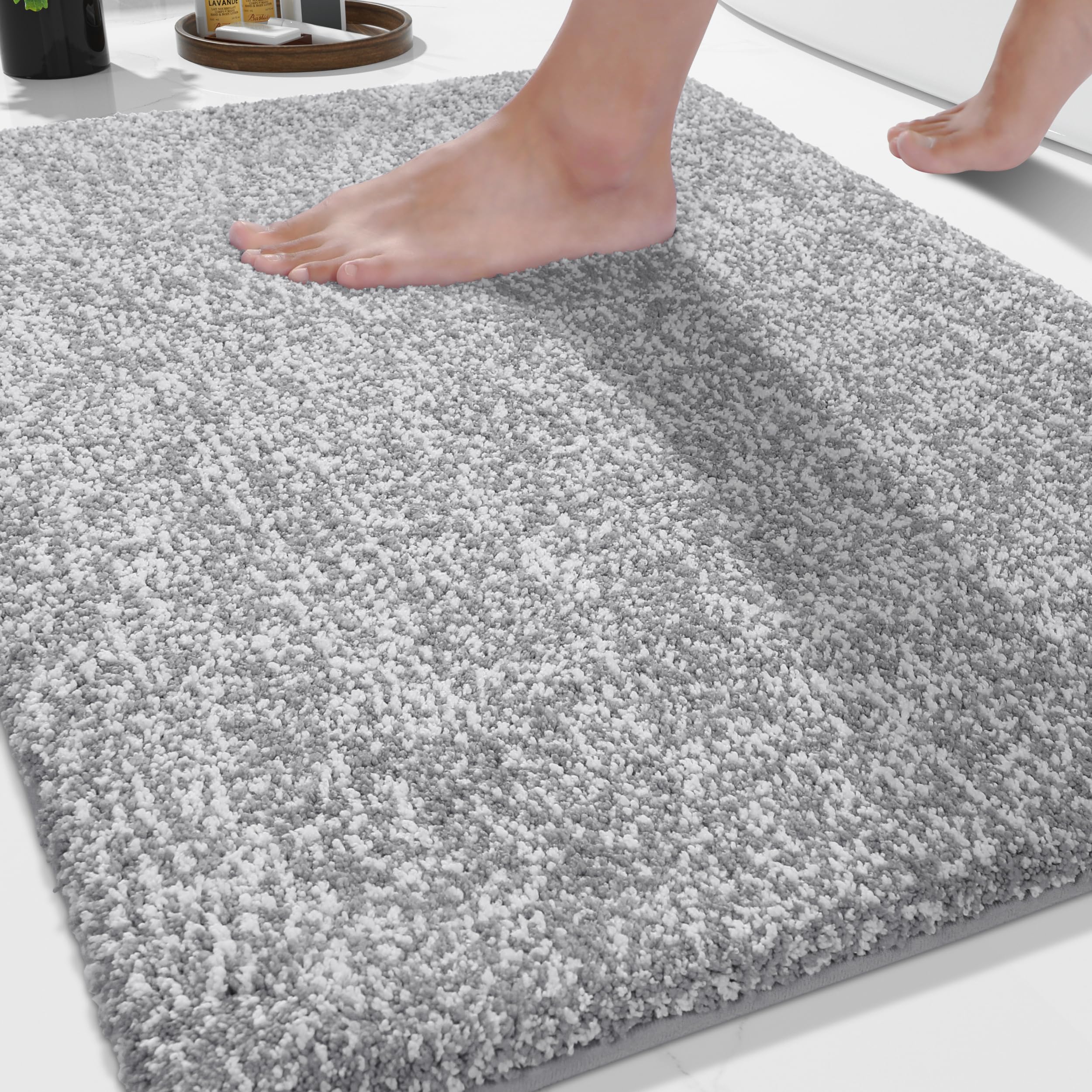Photo 1 of Yimobra Bathroom Rugs Non Slip Washable 24x17, Ultra Soft Absorbent Microfiber Bath Mat, Dual-Tone Decor Rug with Rubber Backing for Bathroom Floor, Tub and Shower, Home Essentials, Grey and White