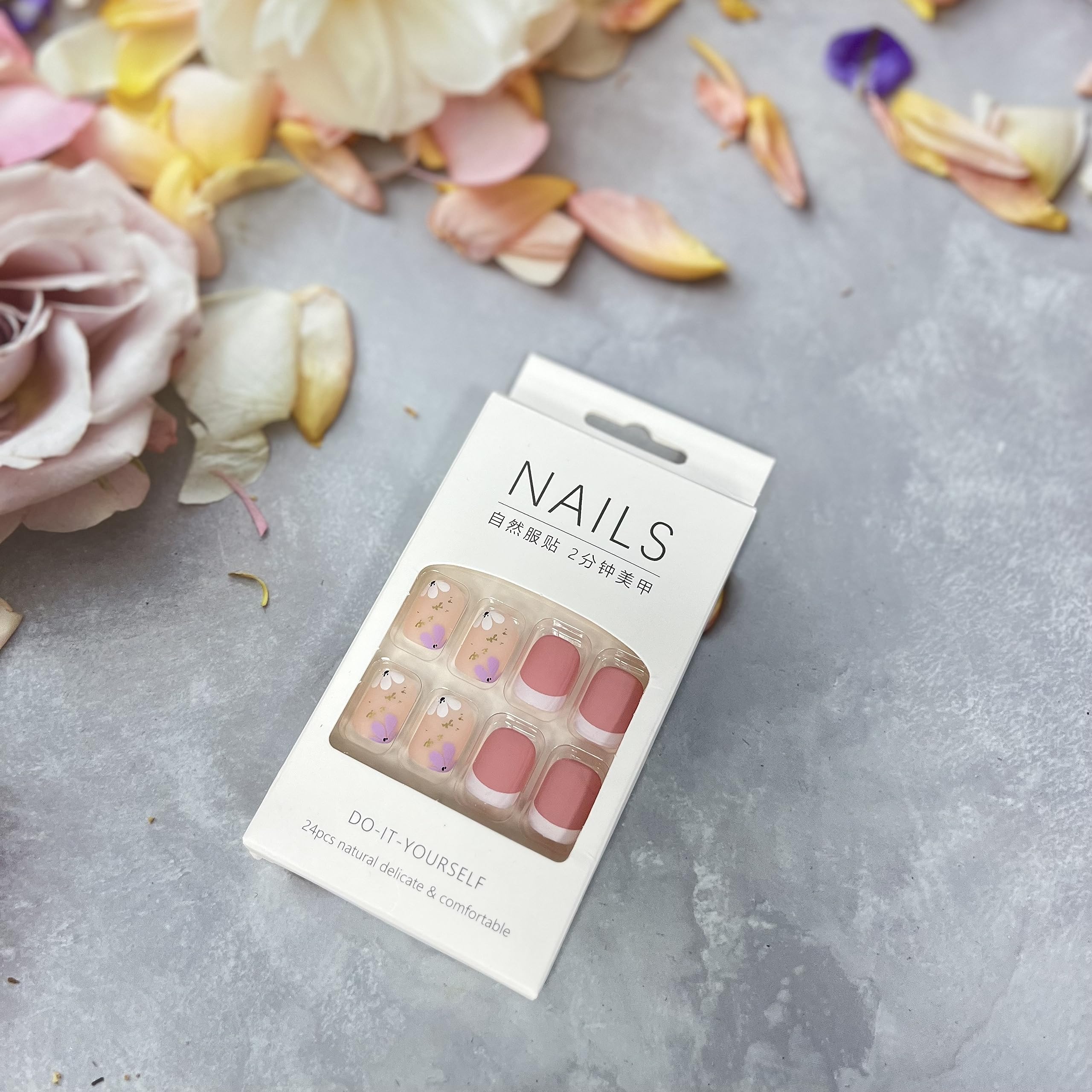 French Tip Press on Nails Short Petite Fake Nails Square Matte False Nails with Flower Designs Acrylic Nails Cute Extra Short Pink Glue on Nails Reusable Artificial Stick on Nails for Women Girls - Image 4