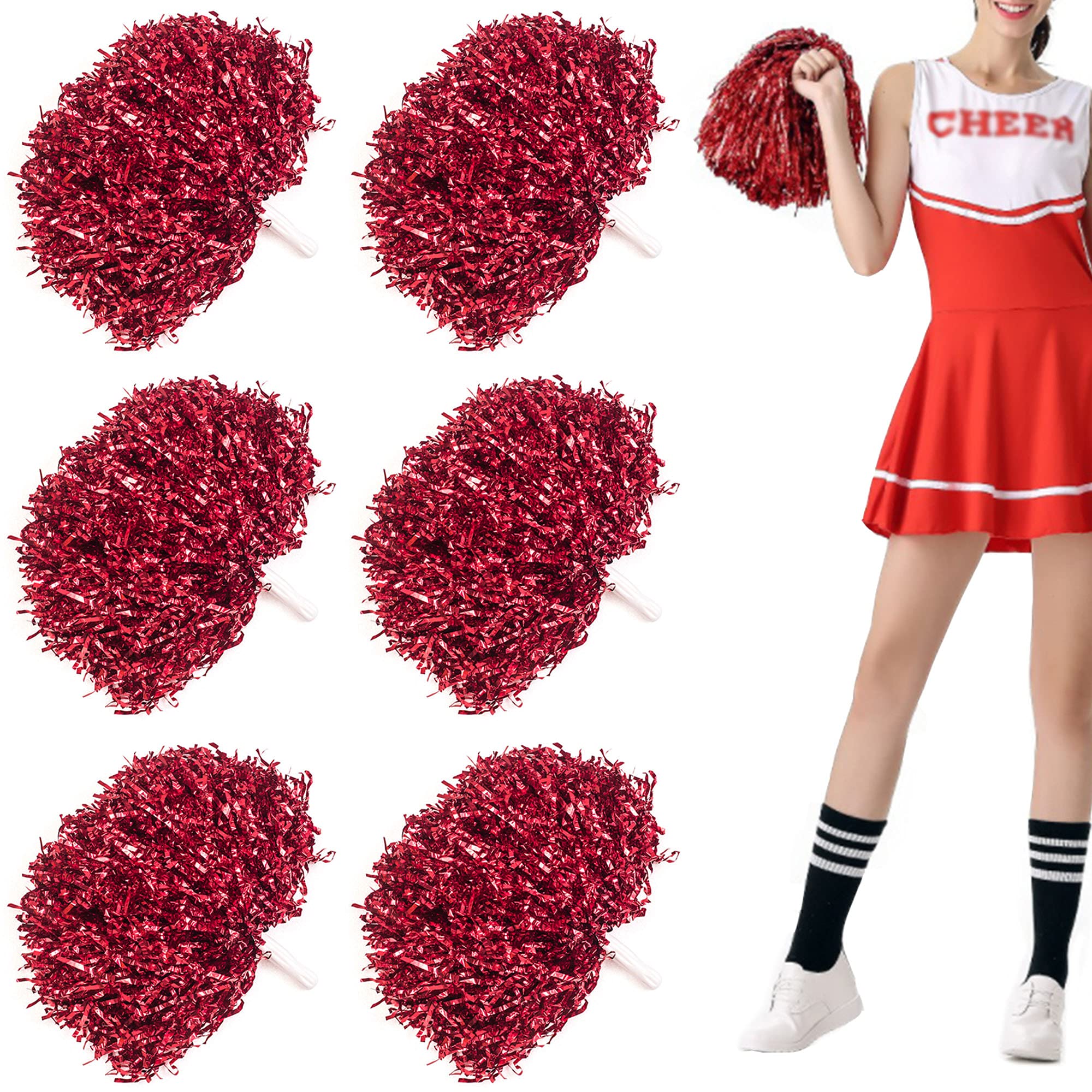 Niuhong Cheer Leader Poms Pom Bright Metallic Cheers Ball Squad Cheer Sports Colours Pompoms Hand Flower Bands Spirit Cheering Pom Colours Accessories Cheerleading Sports Games Team (Red)
