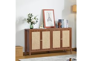 QHITTY Sideboard Buffet Cabinet, Rattan Accent Cabinet Storage Cabinet Console Table with 4 Doors and Adjustable Shelves for Kitchen, Dining Room, Living Room, Hallway (Walnut)