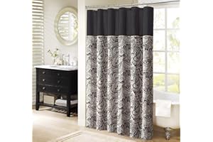 Madison Park - MP70-845 Aubrey Shower Curtain Paisley Jacquard Pieced Microfiber Faux Silk Modern Home Bathroom Decorations Bathtub Privacy Screen, 72" x 72", Black