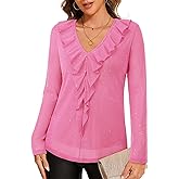 Gaharu Women's Dressy Blouses Long Sleeve Ruffle Shirts Casual Loose Fit Mesh Double Layers Flowy Tunic Tops