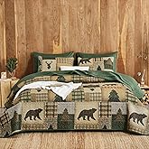 Wake In Cloud - Rustic Quilt Set, Cabin Country Christmas Bear Deer Wildlife Plaid Lodge Western Theme, Reversible Lightweight Bedspread Coverlet, 3 Pieces, Green Brown, King Size