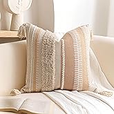 BlissBlush 20x20 Pillow Cover, Neutral Cream Boho Decorative Pillowcase with Tufted Texture and Tassels, Square Accent Cushion for Couch Sofa Living Room (Cover Only)
