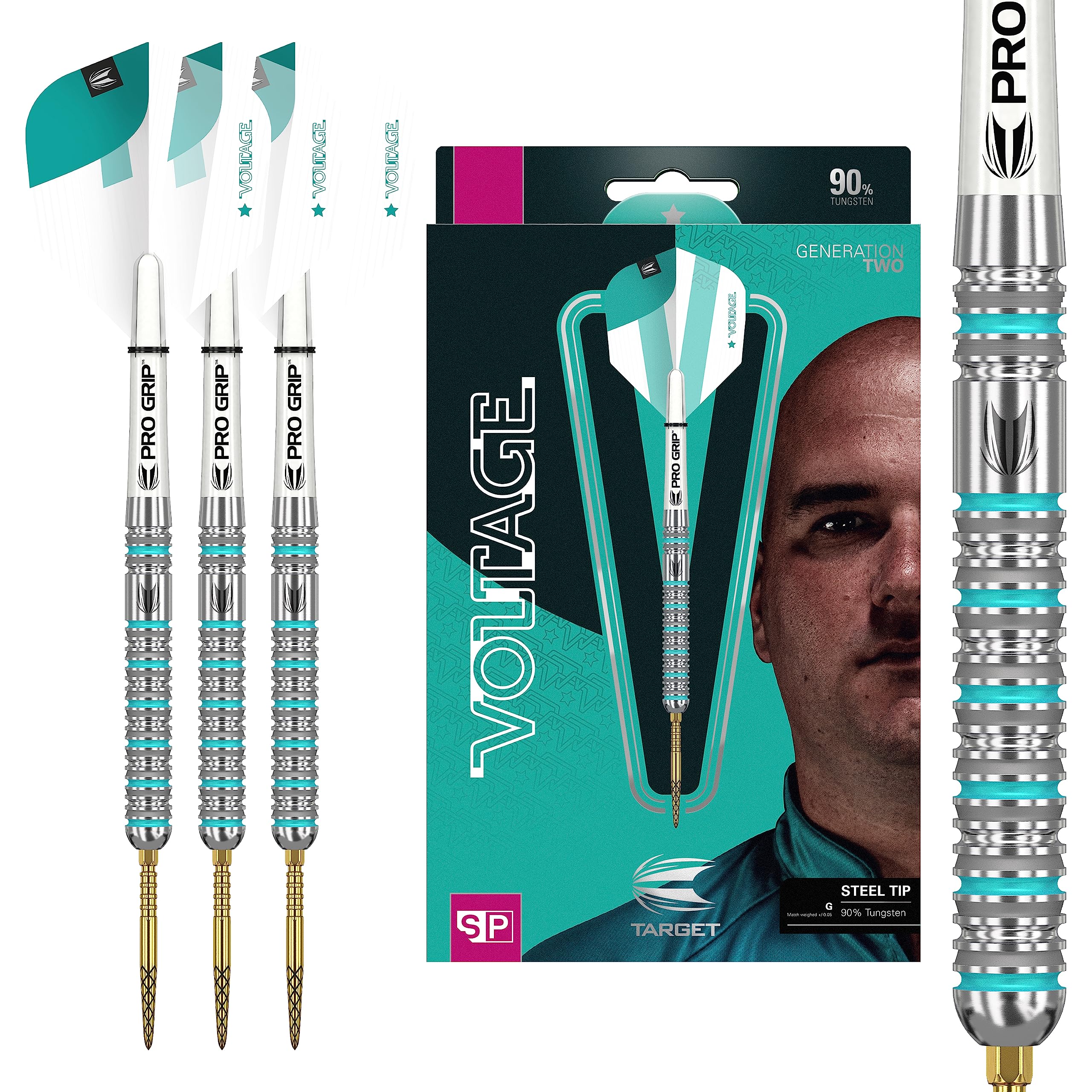 Target Darts Rob Cross Gen 2 21G 90% Tungsten Swiss Point Steel Tip Darts Set, Silver, Aqua and White