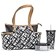 Fit & Fresh Navarto Adult Insulated Lunch Bag with Side Pouches & Carry Handles, Complete Lunch Kit Includes Matching Tumbler & Container, Black, Large