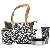 Fit & Fresh Navarto Adult Insulated Lunch Bag with Side Pouches & Carry Handles, Complete Lunch Kit Includes Matching Tumbler & Container, Black, Large