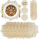 24 Pieces Placemats Coaster Set, Round Pressed Vinyl Placemat Metallic Place Mat Hollow Out Non Slip Heat Resistant Washable 