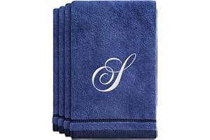 Creative Scents Navy Blue Monogrammed Towels with Initials - 4 Pack Super Absorbent Bathroom Fingertip Cotton Towel with Soft Velour Finish - Personalized Gift for Freinds & Family 11" x18 Initial S