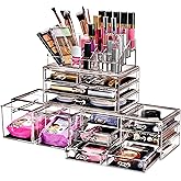 Sorbus Large Makeup Organizer - Clear Stackable Jewelry & Makeup Organizer For Vanity, Bathroom Storage, Dresser - 12 Drawers Cosmetic Beauty Organizers and Storage with Lipstick, Makeup Brush Holder
