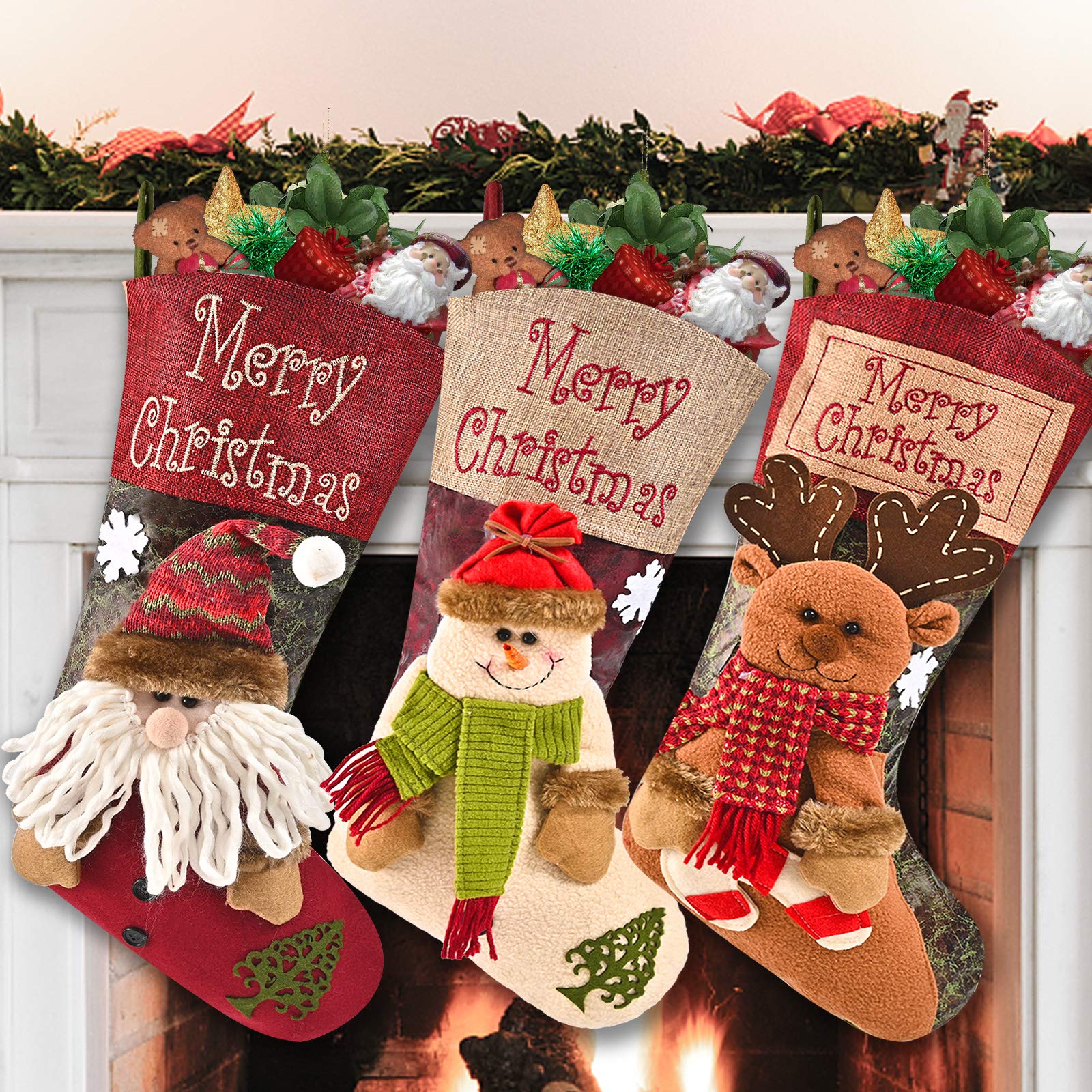 Telgoner Christmas Stocking Set of 3, Large Xmas Stockings for Tree Decoration, Personalised Sock Gift Bag for kids/Adult/Teenagers, Candy Pouch Bag Ornaments, Themed Santa, Snowman, Reindeer (3Pcs)