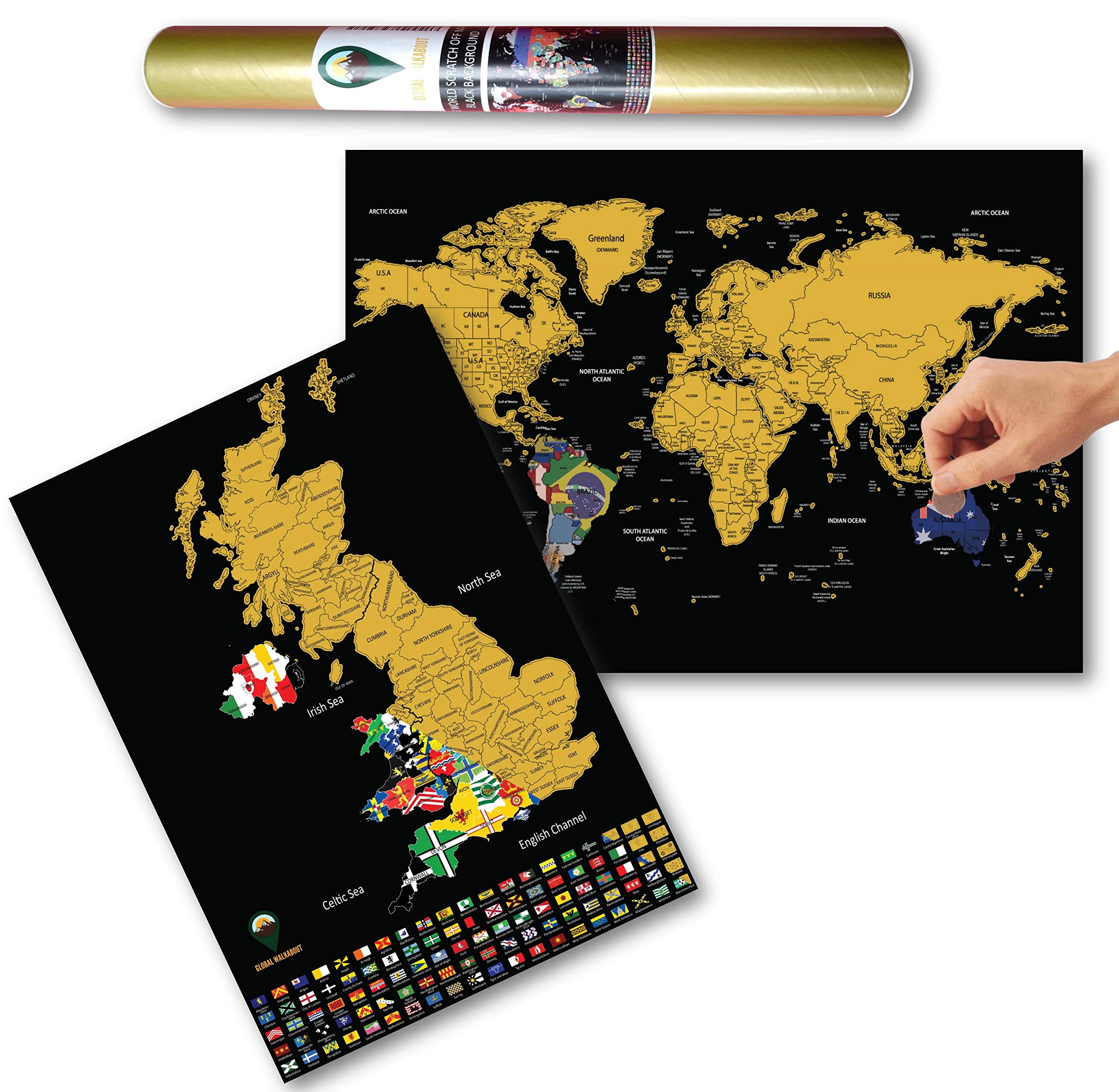 Global Walkabout Scratch Off World and UK Map with Flags background - Deluxe Travel Size World and UK Map Poster - Countries and Facts - Travel Gift (Black)