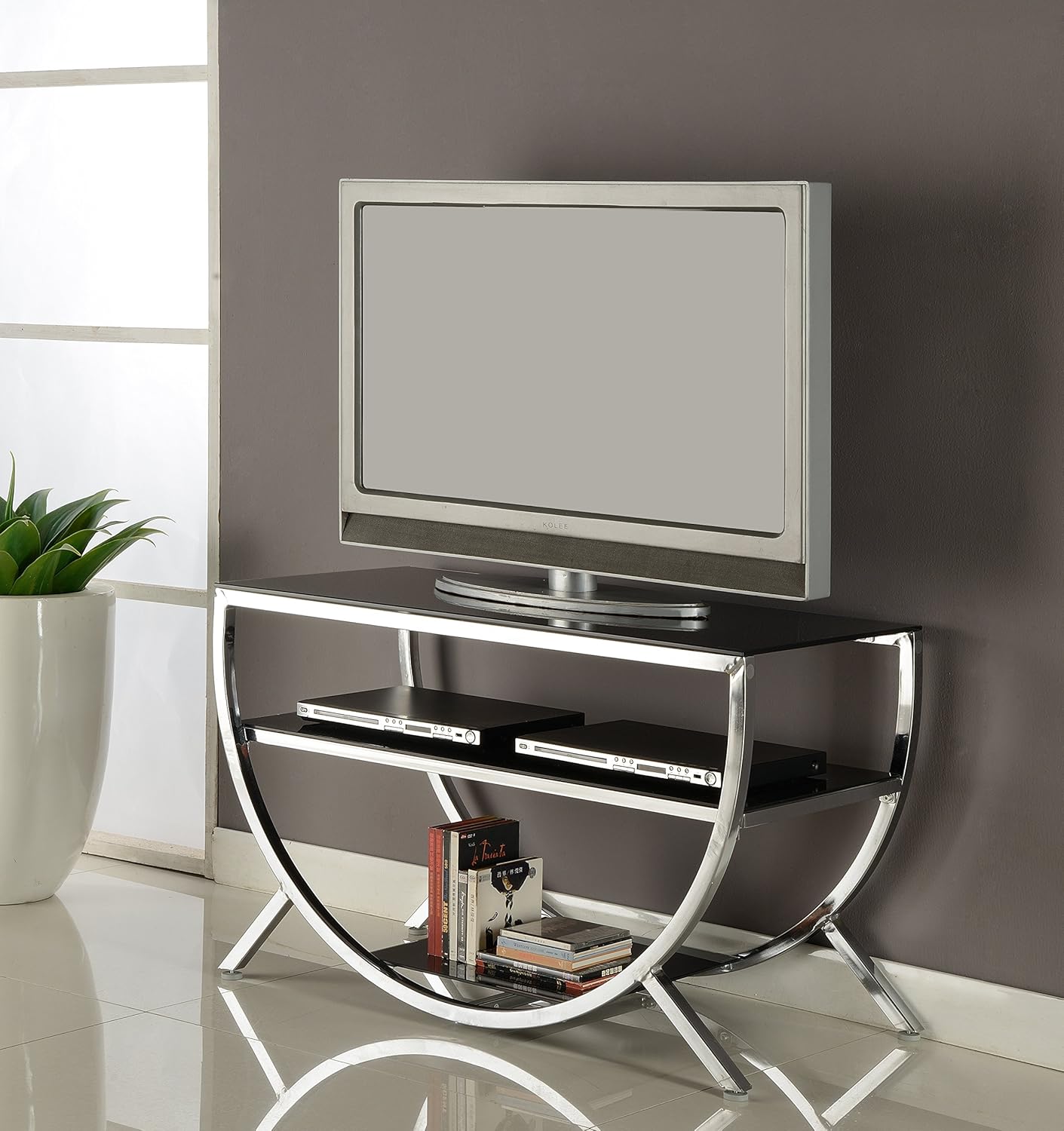 Kings Brand Furniture Metal with Glass Top & Shelves TV Stand, Chrome