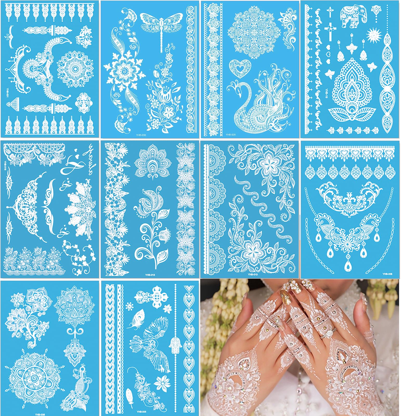 Temporary Tattoos 10 Sheet For Women Girls Mandala Flower Tattoo Stickers Indian Brown Lace Tattoo,Waterproof Removable Fake Tattoo Festival For Body Art (white-10pcs)
