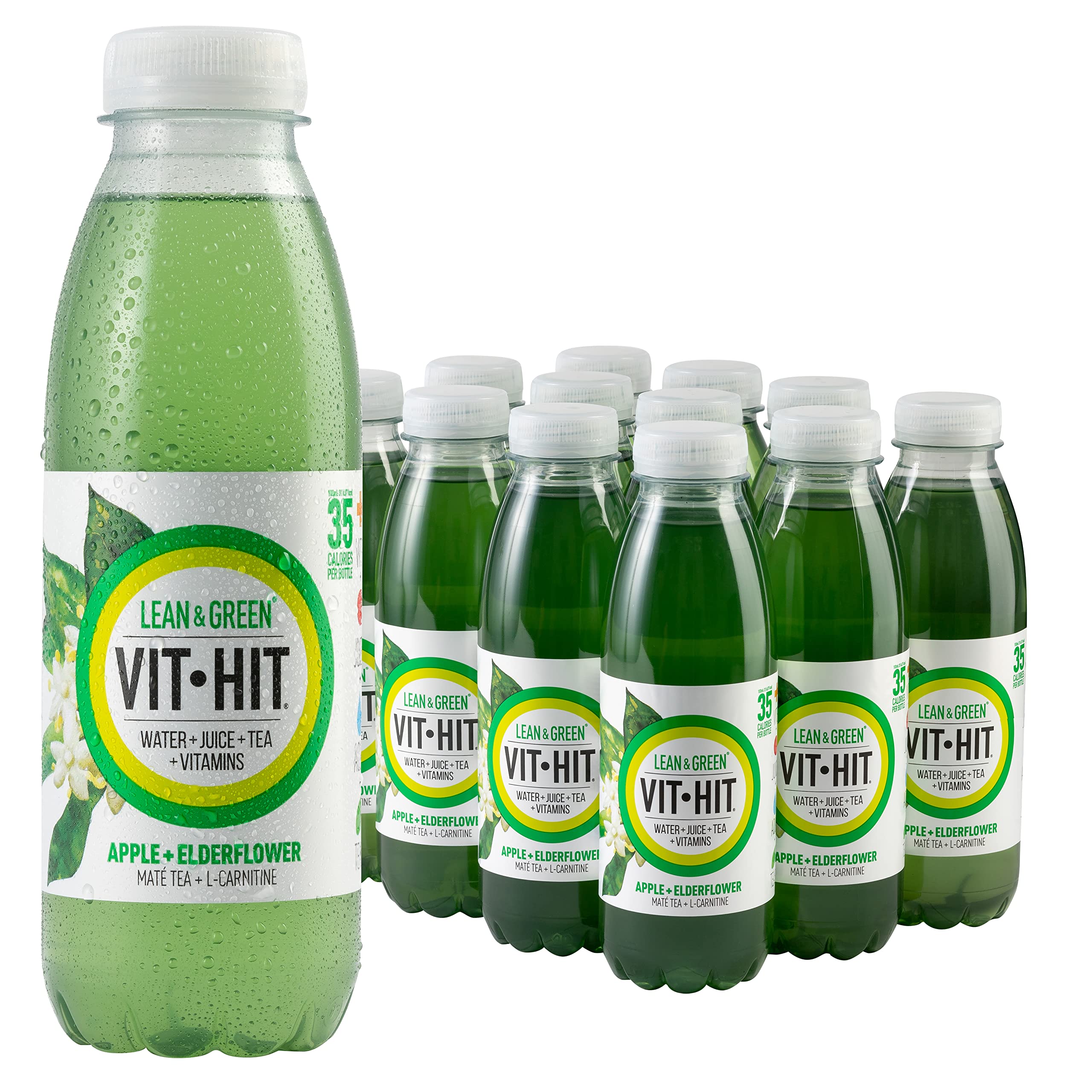 VIT HIT Lean & Green - 12 x Apple + Elderflower + Mate Tea + L-Carnitine | Vegan, Low Sugar, Low Calories, Vitamin Drink | 100% RDA of 8 Vitamins (500ml x 12 Bottles)