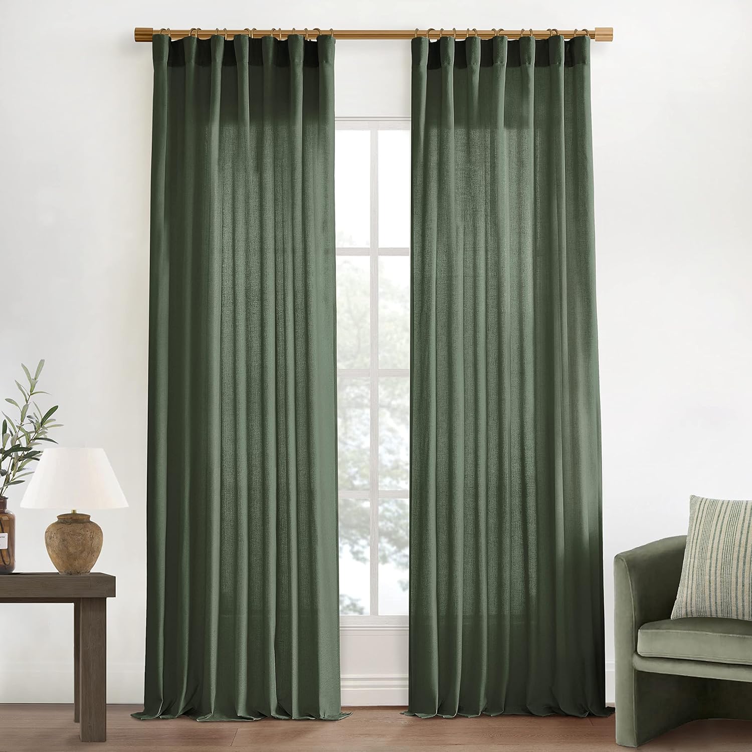 Window Treatments - Olive Green Linen Curtains for Living Room 2 Panels Set 84 Inch Length,Back Tab Hooks Long Window Treatments Curtain Drapes,Light Filtering Semi Sheer Boho Curtains for Bedroom Aesthetic Neutral Decor