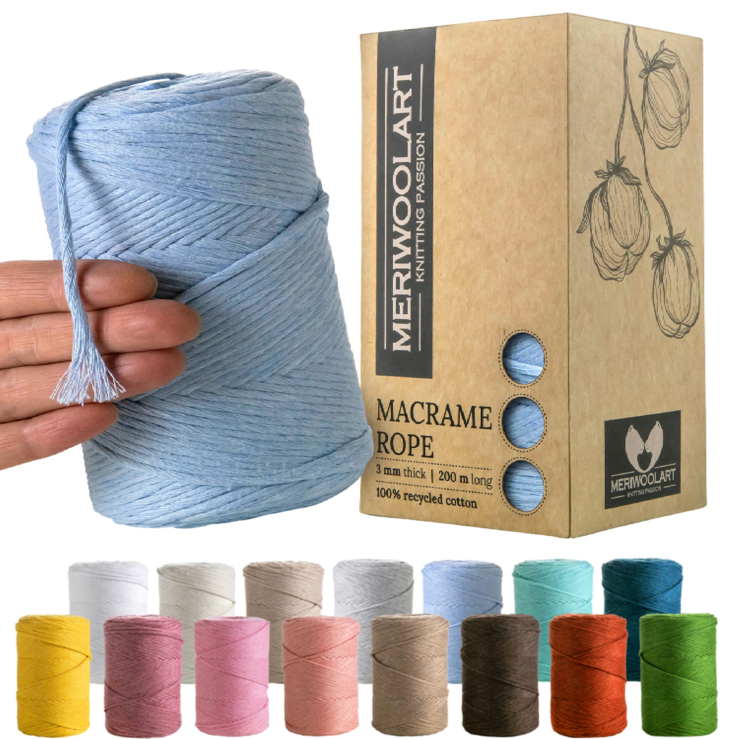 MeriWoolArt Macrame Cord 3mm Blue - Macrame Rope 200m - Super Soft, Single Twist Macrame String - Oeko-Tex 100% Recycled Cotton Macrame Cord Coloured- For DIY Macrame Crafts, Boho Home Décor — image 1