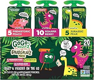 GoGo squeeZ Fruit & veggieZ Applesauce and Puree Variety Pack, Jurassic Pear, Roarrrr Berry & Prehistoric Peach, 3.2 oz (Pack