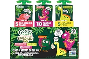 GoGo squeeZ Fruit & veggieZ Applesauce and Puree Variety Pack, Jurassic Pear, Roarrrr Berry & Prehistoric Peach, 3.2 oz (Pack of 20), Unsweetened Snacks for Kids, BPA Free Pouches