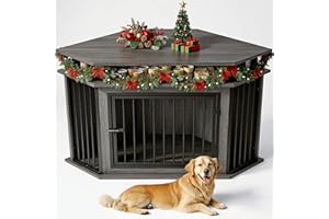 IRONCK 51" Corner Wooden Dog Crate Furniture with 2-Tier Shelves, Pet Kennel for Large Dogs, Space-Saving Dog Cage Indoor, Rustic Brown (26.7" L x 51.2" W x 33.5" H)