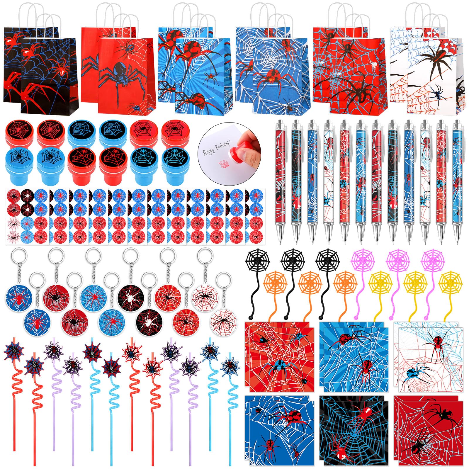 Photo 1 of ***MISSING PARTS**** 96Pcs Spider Party Favors Set Hero Theme Birthday Decorations Include Spider Web Pens Notepads Paper Gift Bags Key Chains Straws Stampers Toys for Spiderweb Party Supplies Classroom Rewards Gifts