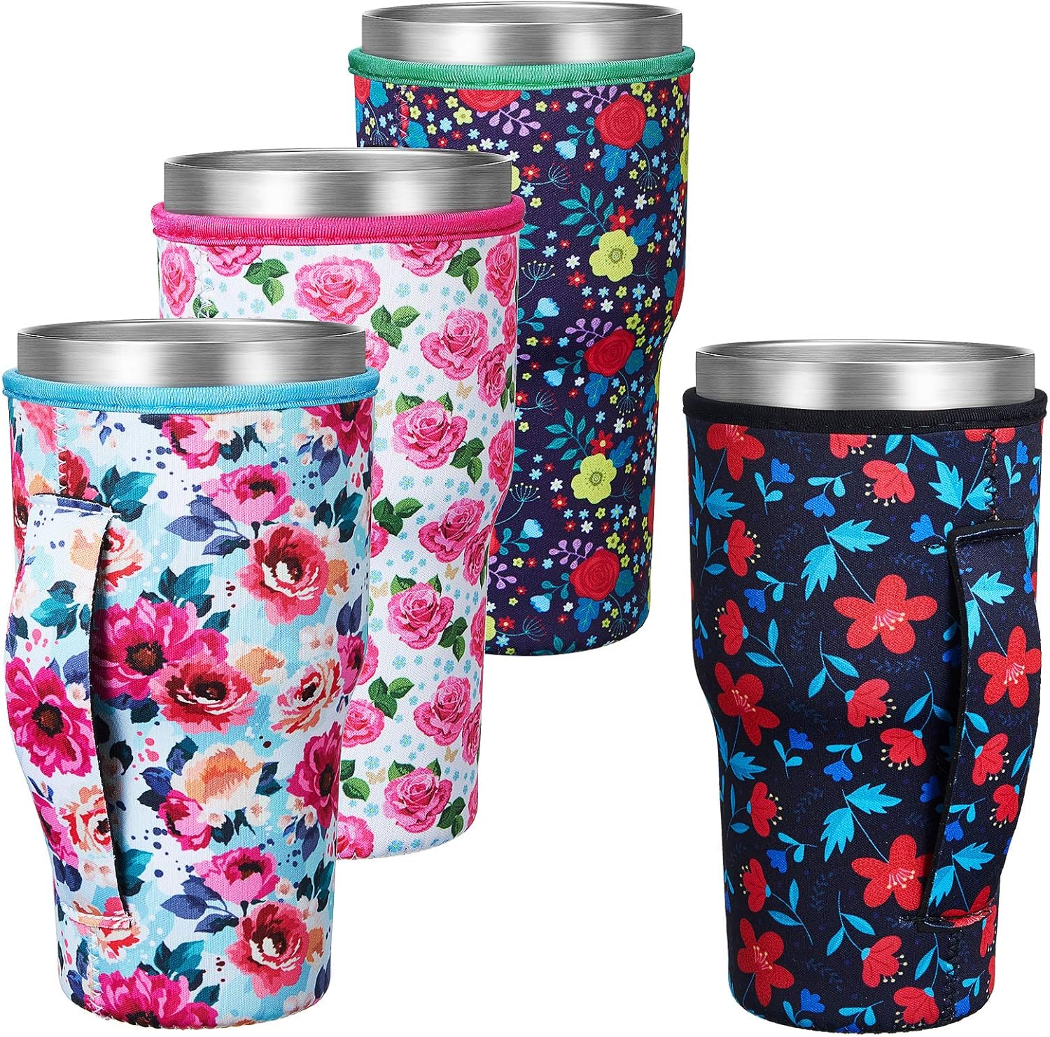 4 Pieces Coffee Cup Sleeve Reusable Neoprene Insulated Sleeves Colorful Cup Cover Holders Drinks Sleeve Holder Flower Pattern for 30-32 oz Cold Hot Beverages, 4 Styles