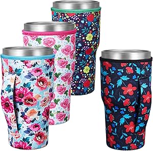 4 Pieces Coffee Cup Sleeve Reusable Neoprene Insulated Sleeves Colorful Cup Cover Holders Drinks Sleeve Holder Flower Pattern for 30-32 oz Cold Hot Beverages, 4 Styles