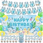 43Pcs Blue Axolotl Birthday Party Decorations Include Banner-Balloons-Cake Topper-Cupcake Toppers-Backdrop for Axolotl Birthday Party Supplies