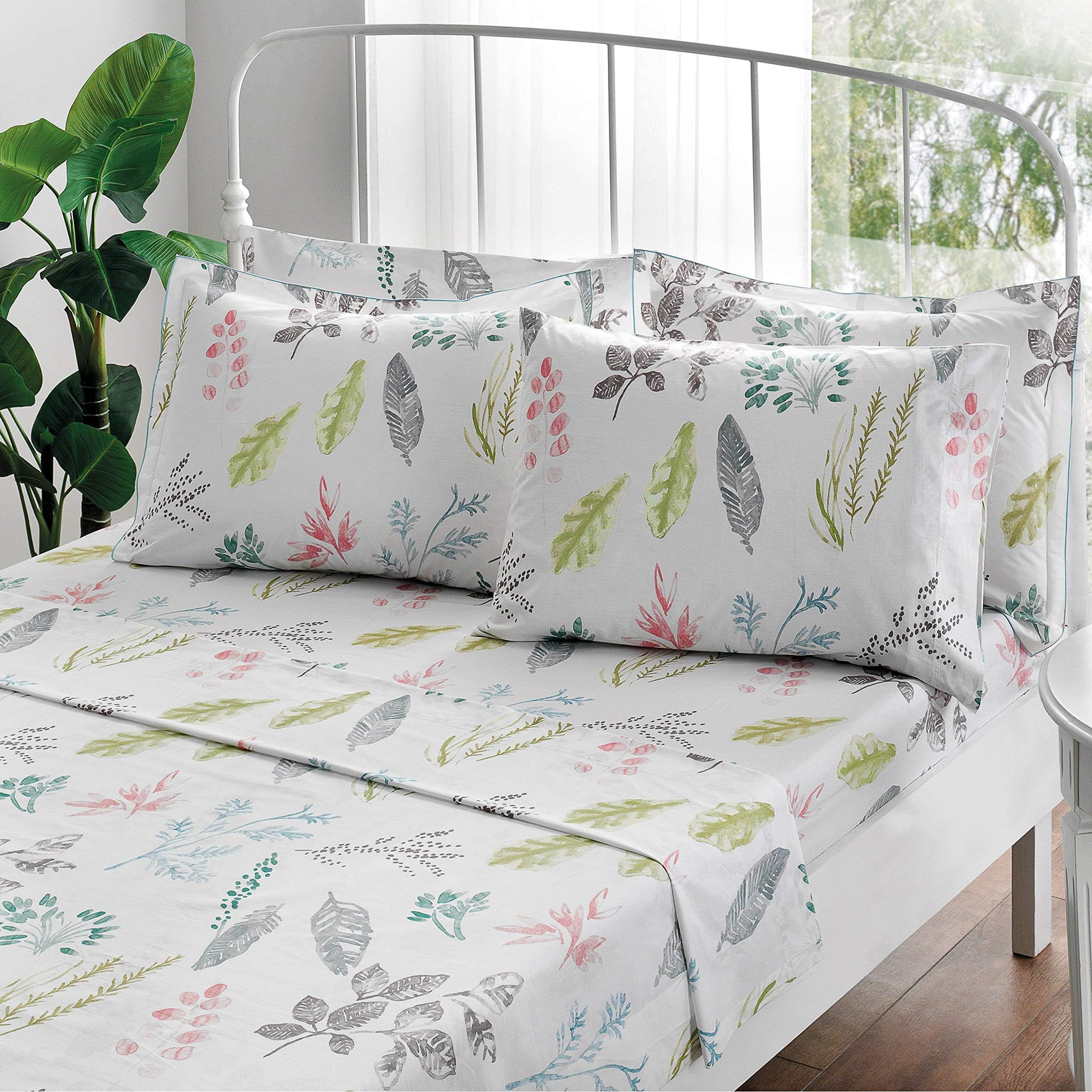 Brielle Gardenia 100% Cotton Printed Sheet Set, Queen, 6 Piece Set
