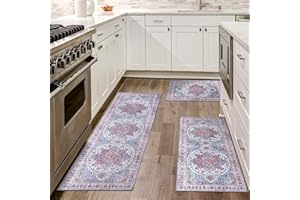 WOBUBU Kitchen Rugs Sets of 3 Washable Kitchen Mats for Floor 3 Piece Kitchen Rug Set Non Slip Rubber Kitchen Runner Carpets for Laundry Room Entryway Blue Orange