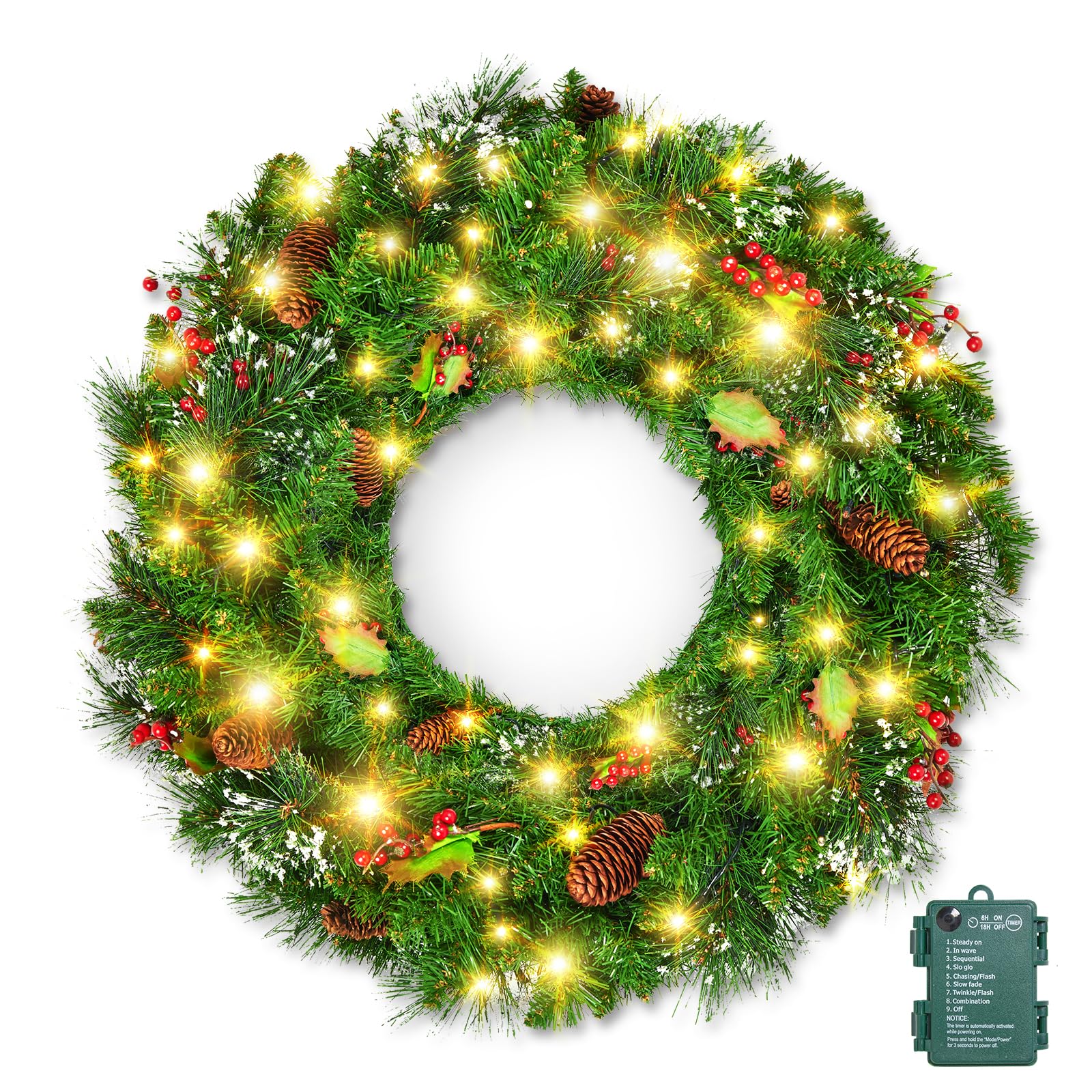 Photo 1 of Brightown 24 Inch Pre-Lit Artificial Christmas Wreaths for Front Door, Battery Operated Christmas Wreath with 50 LED Lights, Lighted Wreath for Front Door Wall Window