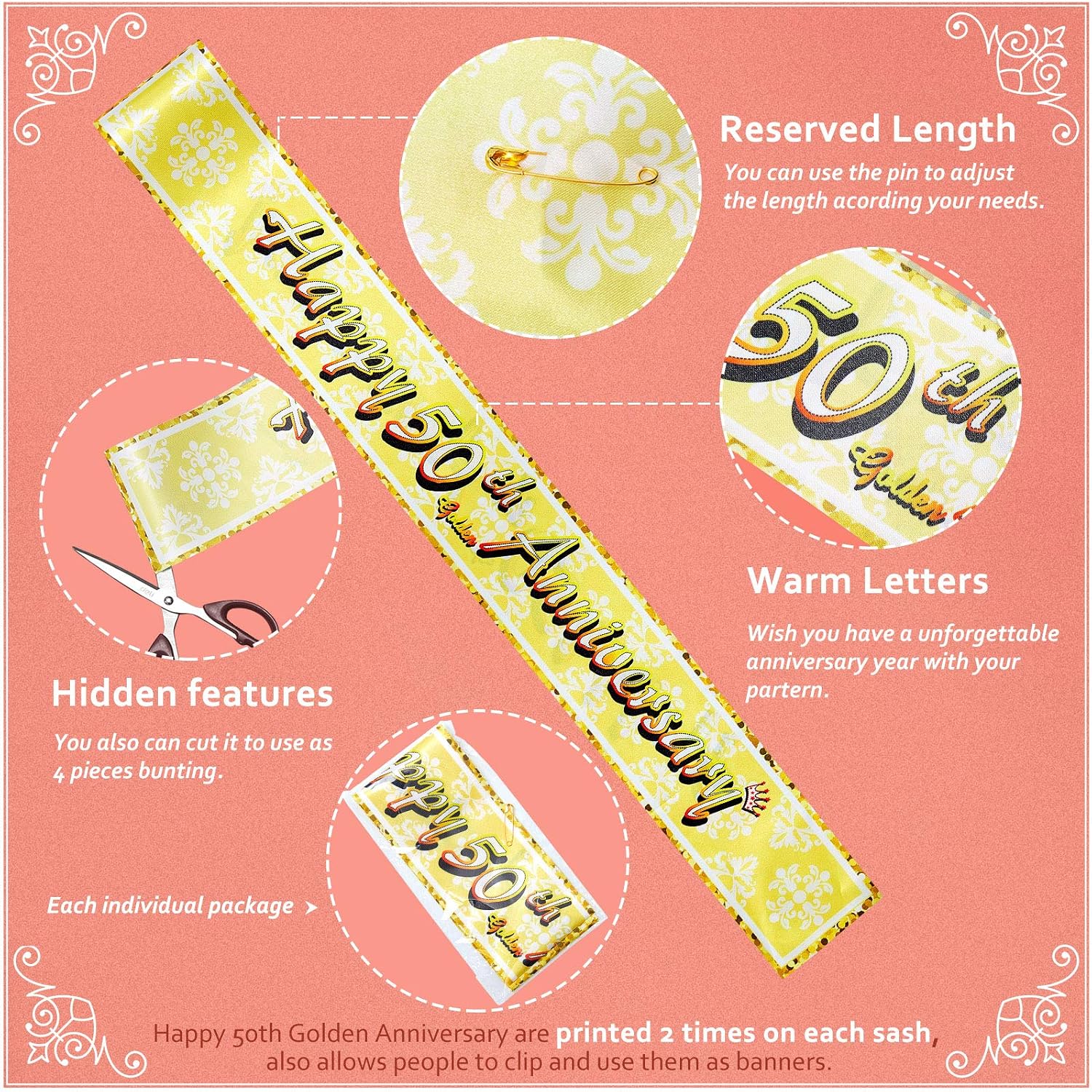 25 Pieces 50th Anniversary Decorations Set Include Happy Golden 50th Anniversary Balloons, Golden Wedding Anniversary Banner Flag, Sash Bunting and Confetti for 50th Wedding Anniversary Party Decor - Image 4