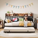 LIKIMIO Daybed with Trundle, Storage Headboard and Charging Station, Black | Twin daybed with pull-out trundle converts to king-size. Headboard with storage and charging. Metal frame supports 900 lbs.