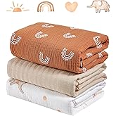 IBESTOPIA 3-Pack 100% Cotton Muslin Swaddle Blankets, Large 47 x 47 Inches — Breathable Soft Receiving Blankets for Newborns, Swaddling Wraps, Registry Gift (Rainbow Elephant Safari)