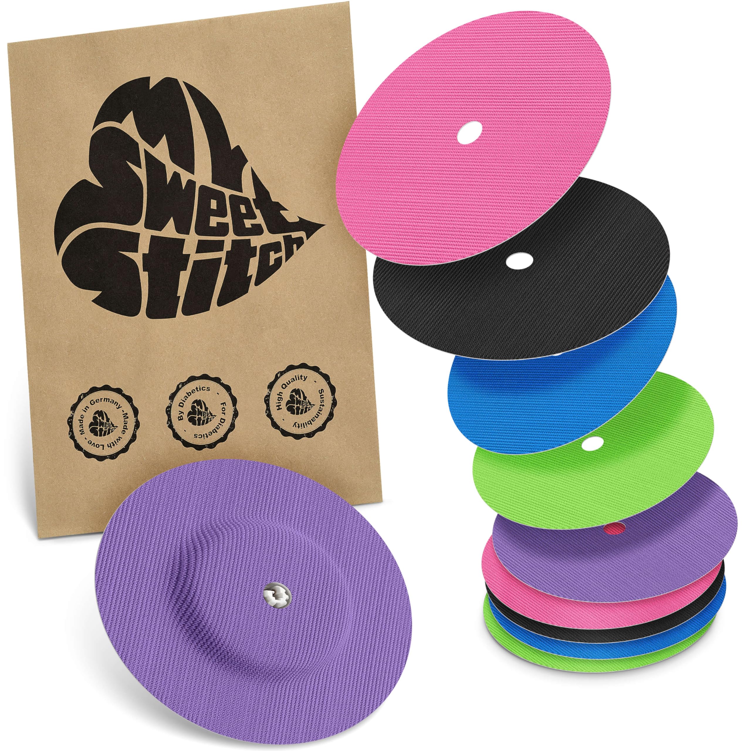 MySweetStitch - 10 x Freestyle Libre 1 & 2 Round Patches with Ventilation Hole, Overpatch Ø 65mm, Waterproof, Breathable, Made in Germany, Rainbow