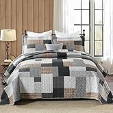 PERHOM Quilt King Size - 100% Cotton Lightweight Bedspread - Gray Brown Black White Plaid Patchwork Soft Reversible Quilt King Size for Bed Set All Season, 3 Pieces