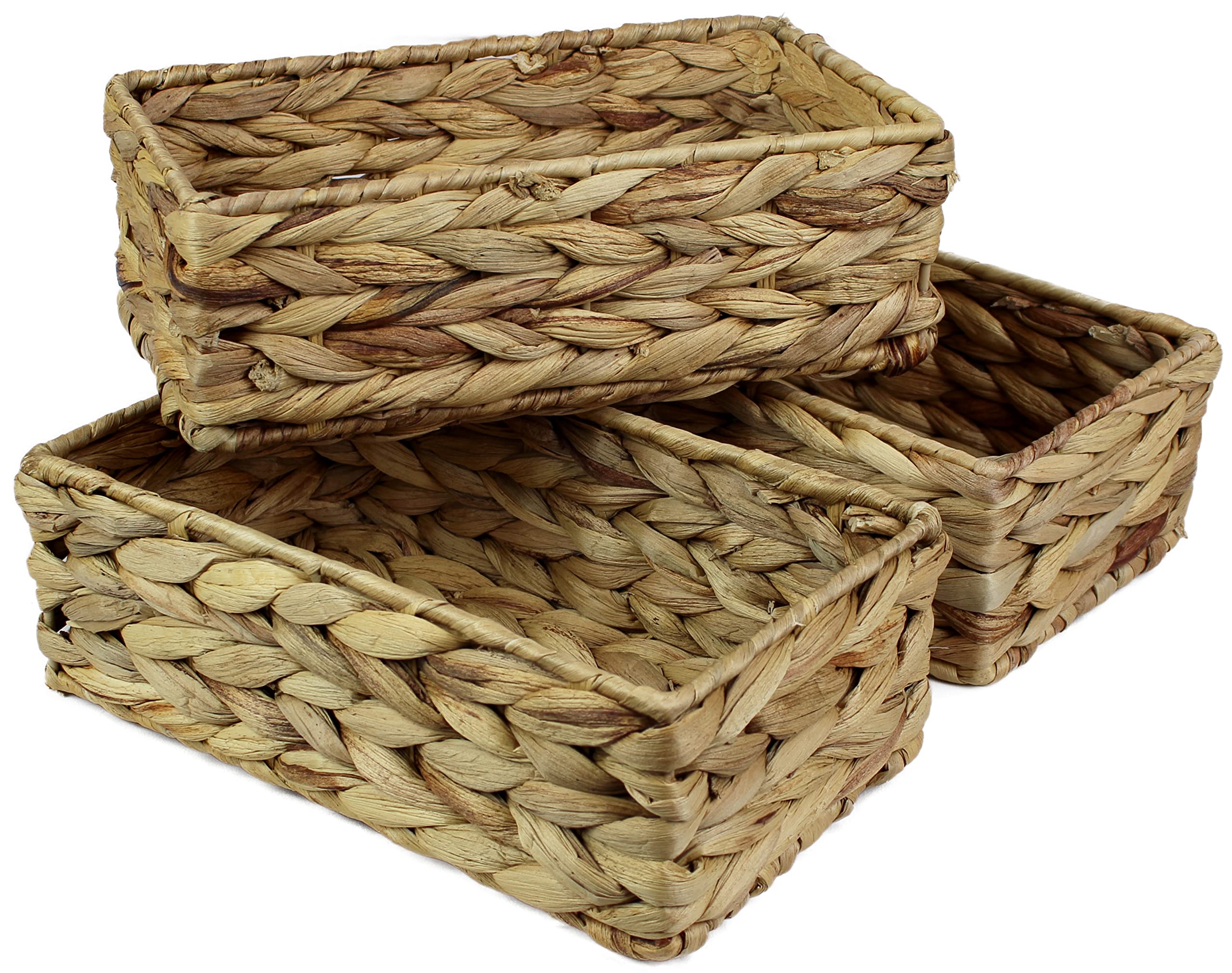 Small rectangular water hyacinth baskets for storage. Natural colour wicker basket shelves open Decorative gift box bathroom mini tray makeup bathroom Kitchen organiser (Small 24cm, 3x Basket)