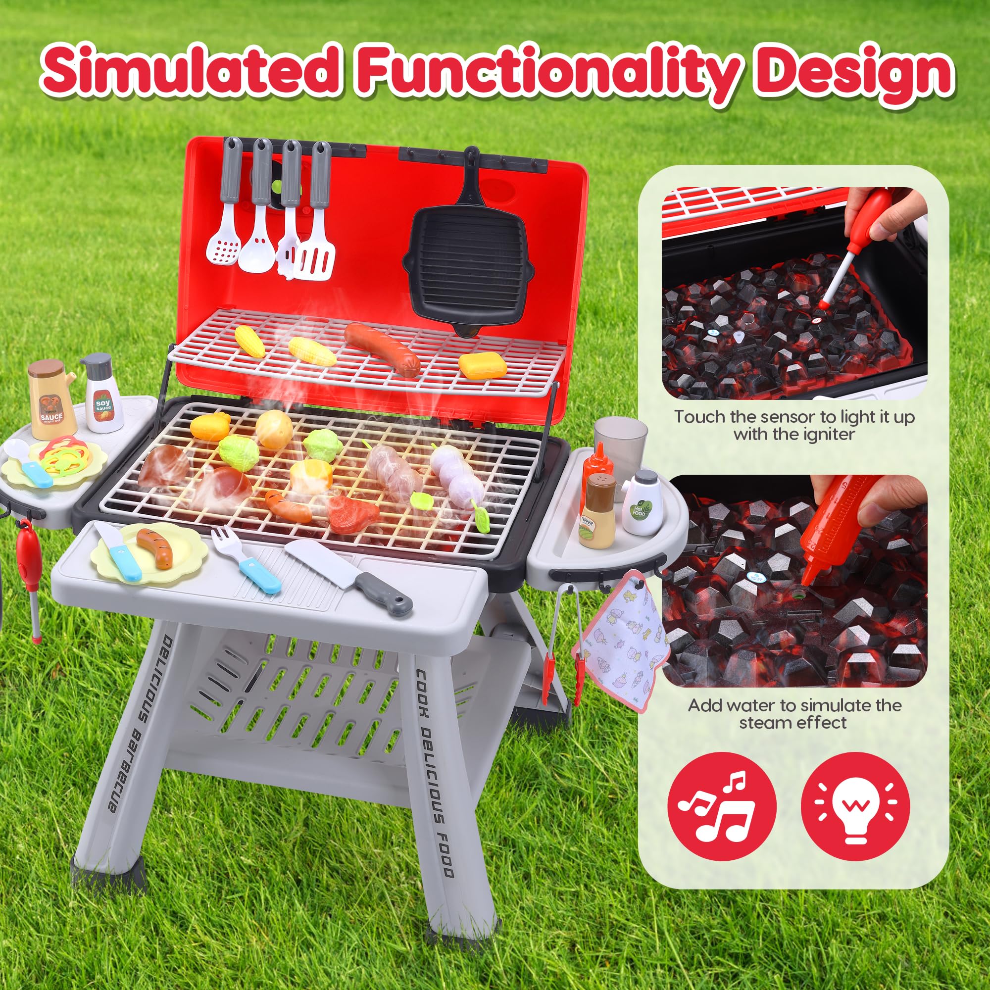 CUTE STONE Kinder BBQ Grill Spielzeug, Küche Spielzeug Set, Realistische Rauch BBQ Grill Spielset mit Spielzeug Küche Zubehör,Barbecue per Bambini Rosa 4